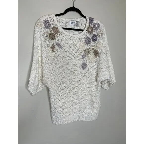 Vintage Cream  3D Floral Knit Pastels 90s Sz Medium - Picture 5 of 9